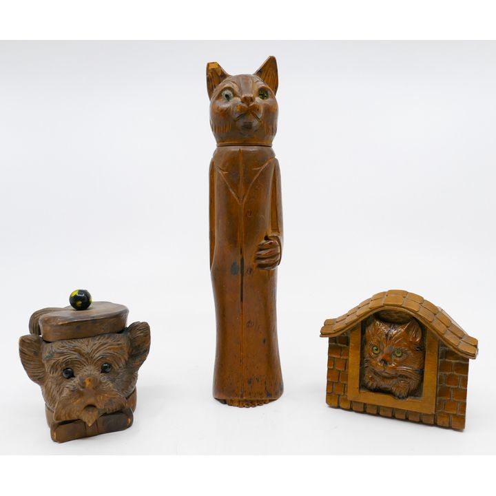 3pc Antique Carved Wood Cat and Dog Inkwell, Case and Box 3'' to 7.5''