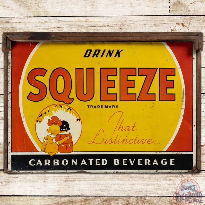 Drink Squeeze "That Distinctive" Beverage 30" Embossed SS Tin Sign w/ Kids