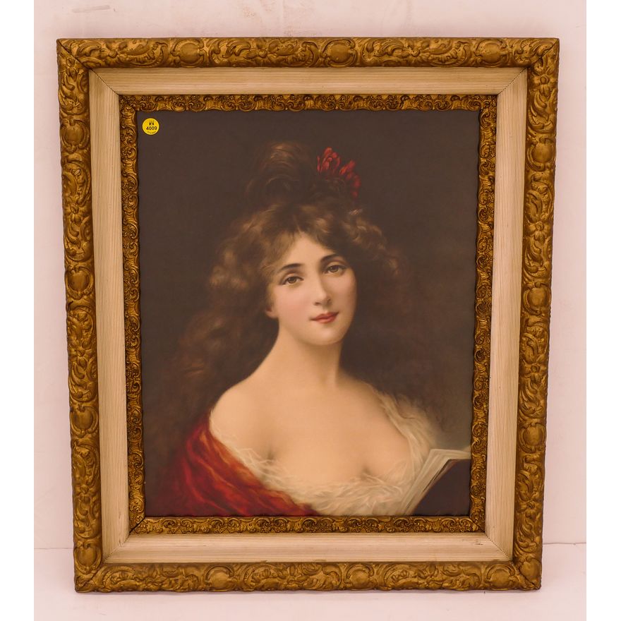 Antique Portrait of a Beauty Lithograph in an Ornate Gilt Frame. Measures 27x23''