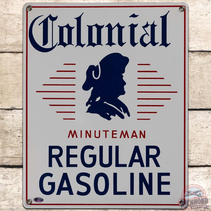 Colonial Minuteman Regular Gasoline SS Porcelain Pump Plate Sign