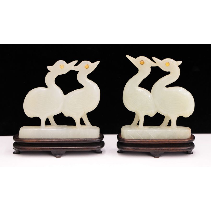 Pair Chinese Jade Mughal Style Birds on Stands