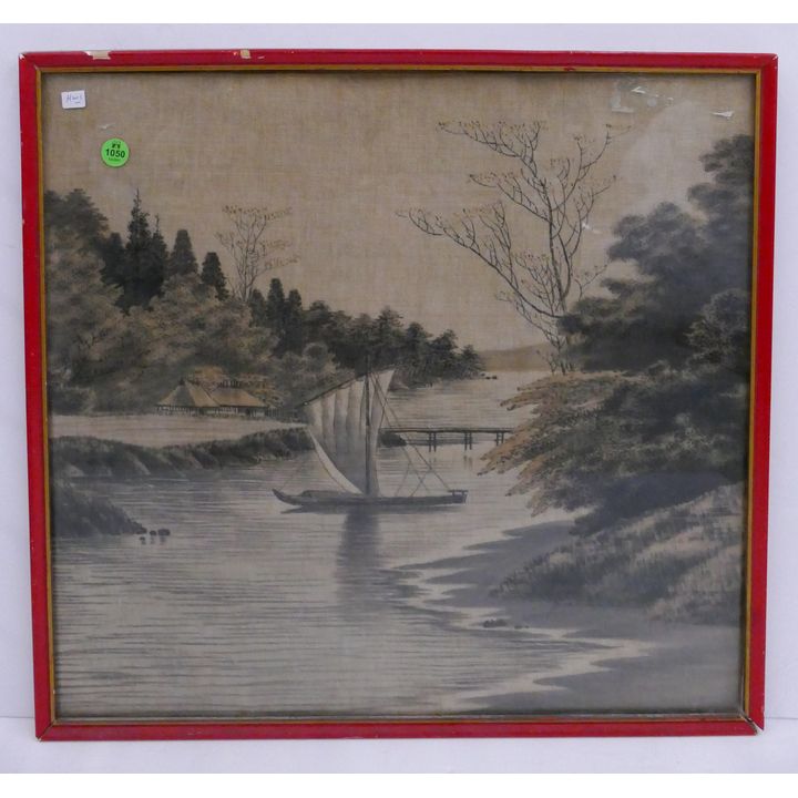 Old Japanese River Scene Painting on Silk Framed- 19x20''