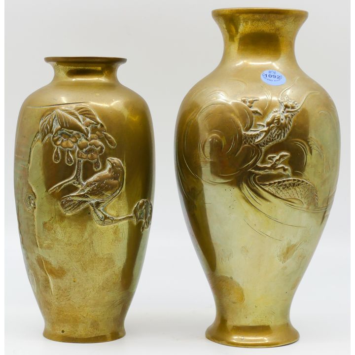 2pc Old Japanese Polished Bronze Vases 8.5'' and 10''
