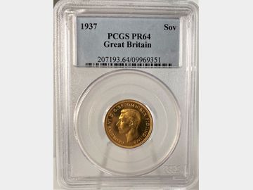 1937 GEORGE VI PLAIN EDGE PROOF GOLD SOVEREIGN PF64