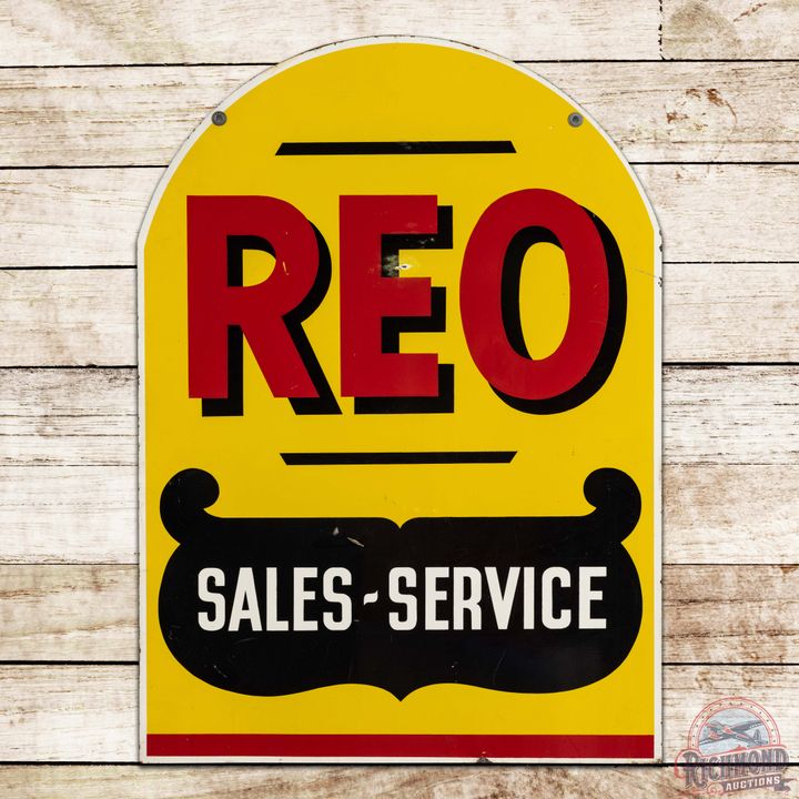 REO Sales & Service Double Sided Tin Tombstone Sign