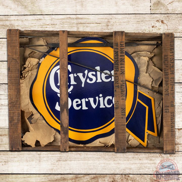 Amazing NOS Chrysler Service Double Sided Porcelain Ribbon Sign w/ Hanger & Original Wooden Crate