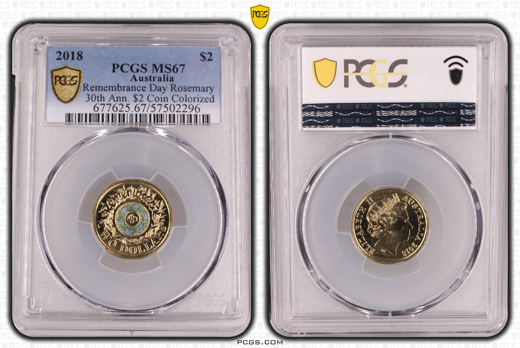 Remembrance Day Rosemary 30th Ann. $2 Coin Colourised, Two Dollar, 2018, PCGS MS67