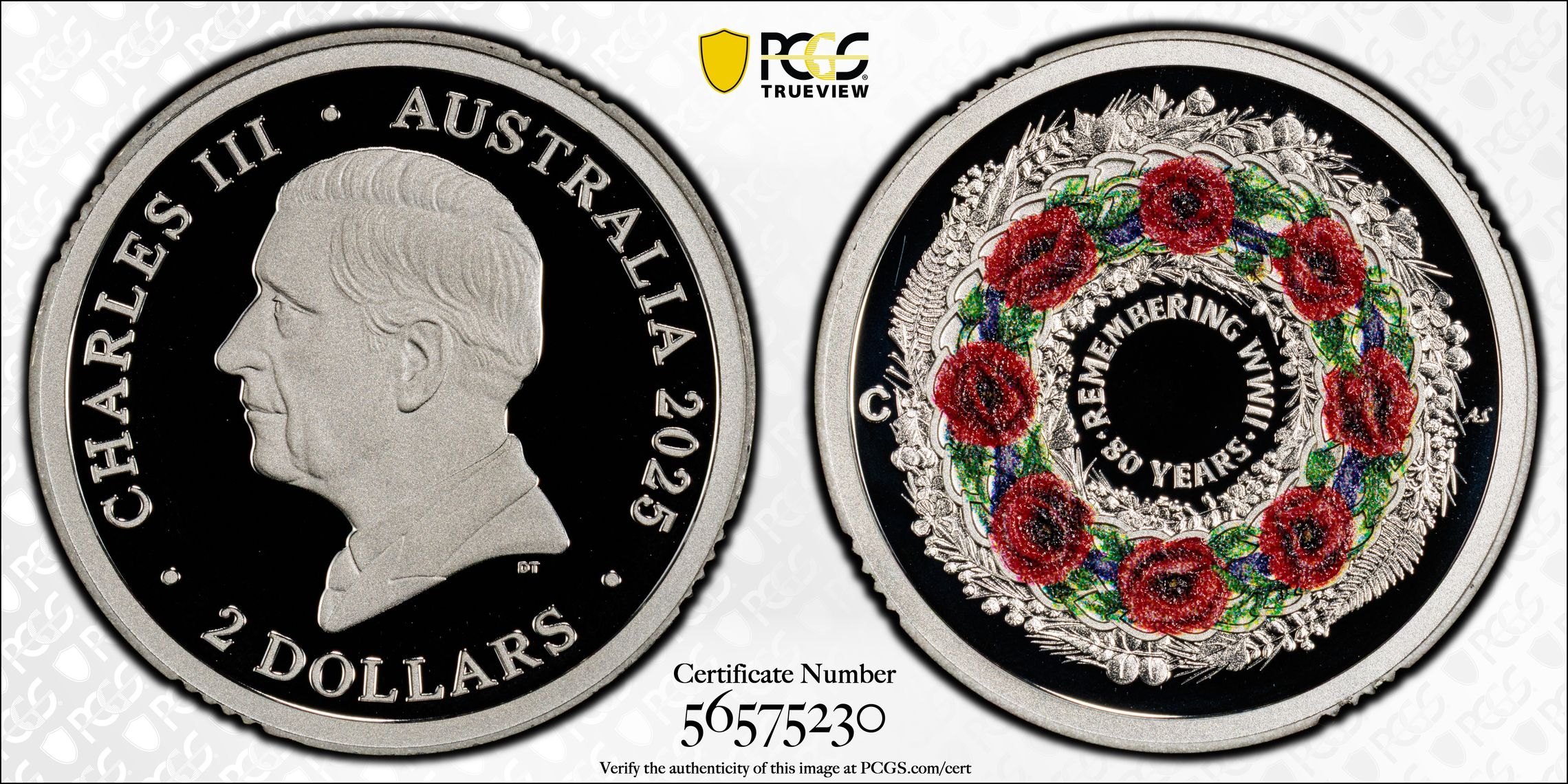 Remembering WWII Colourised Silver, Two Dollar, 2025-C, PCGS PR70DCAM