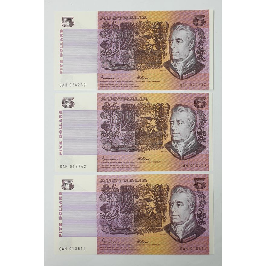 Aus. J/F $5 Notes (x3)
