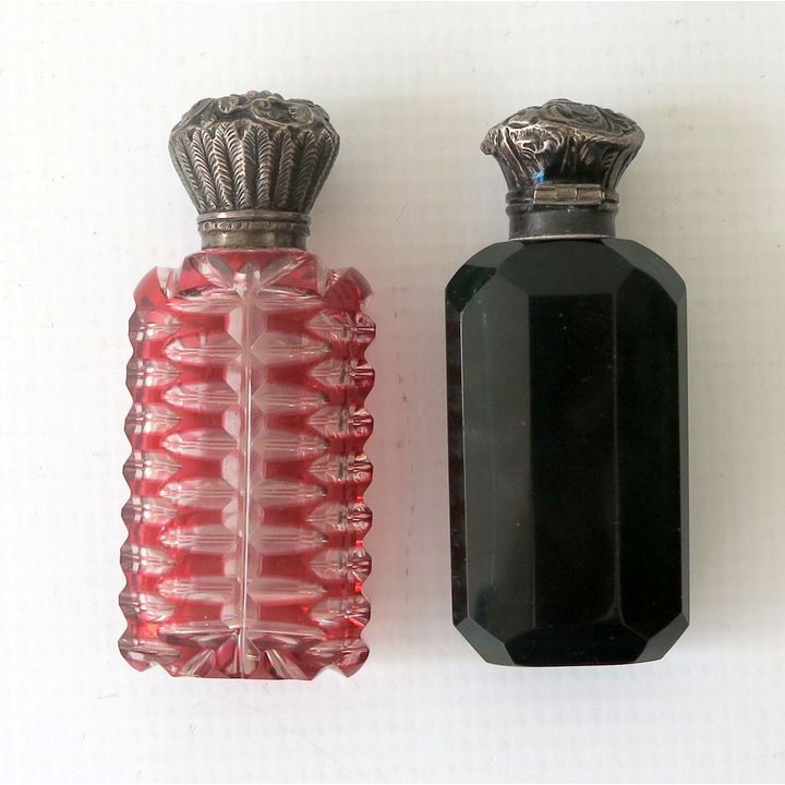 2 VICTORIAN SILVERPLATED MOUNTED GLASS SCENT BOTTLES, with stoppers