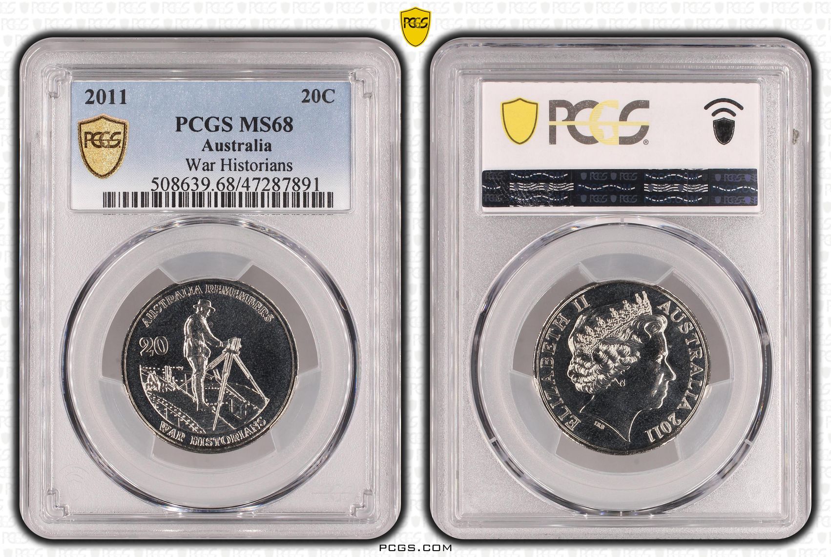 81 · Elizabeth II, War Historians, Twenty Cent, 2011, PCGS MS68