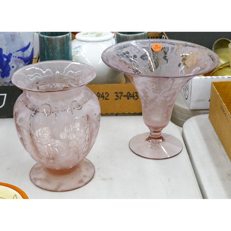 2pc Fostoria Paradise Grape Pink Glass Vases 7'' Approx.
