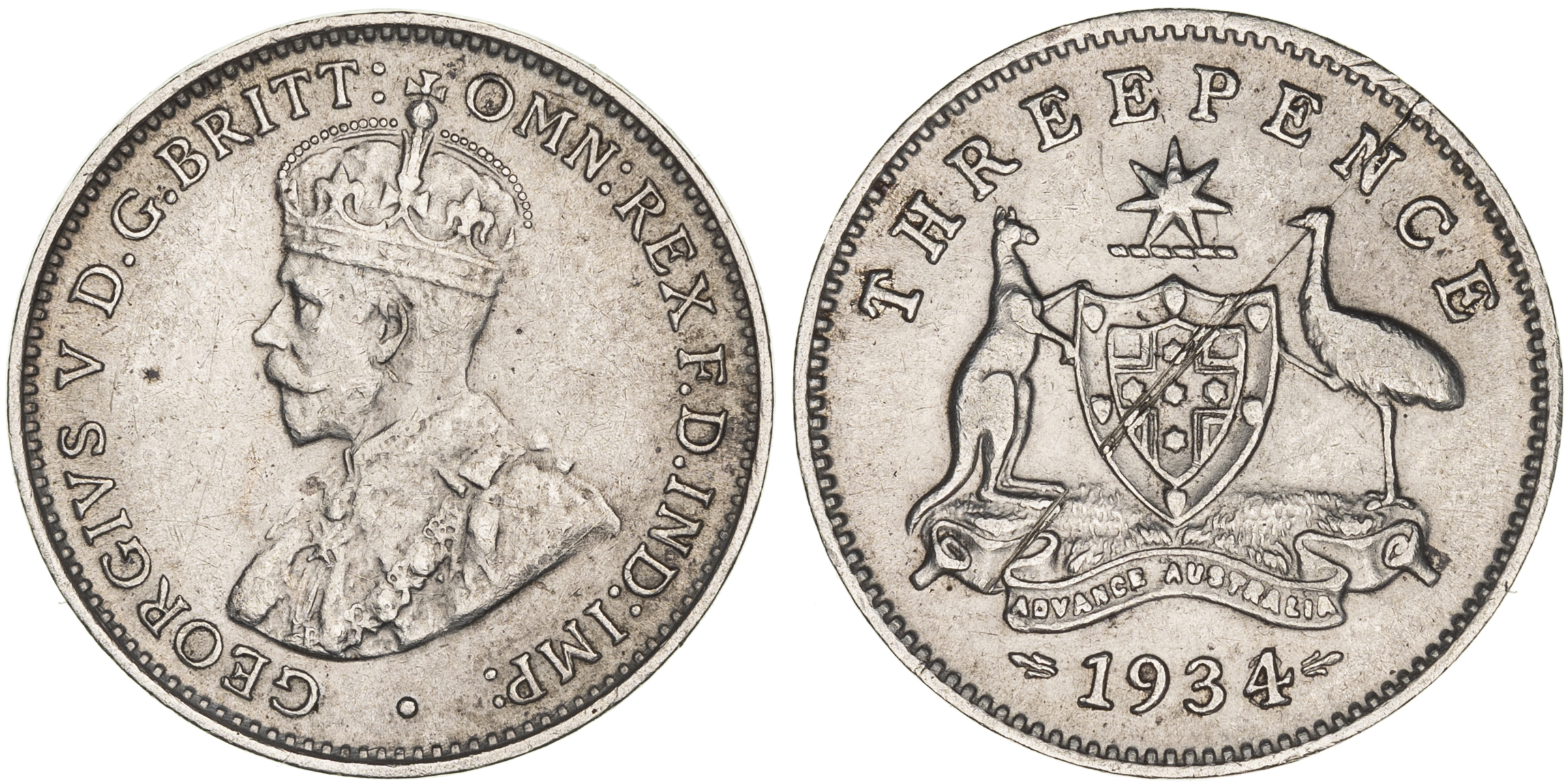 George V, 4 over 3, Threepence, 1934, VF
