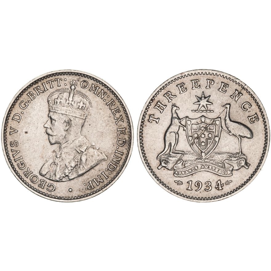 George V, 4 over 3, Threepence, 1934,  VF