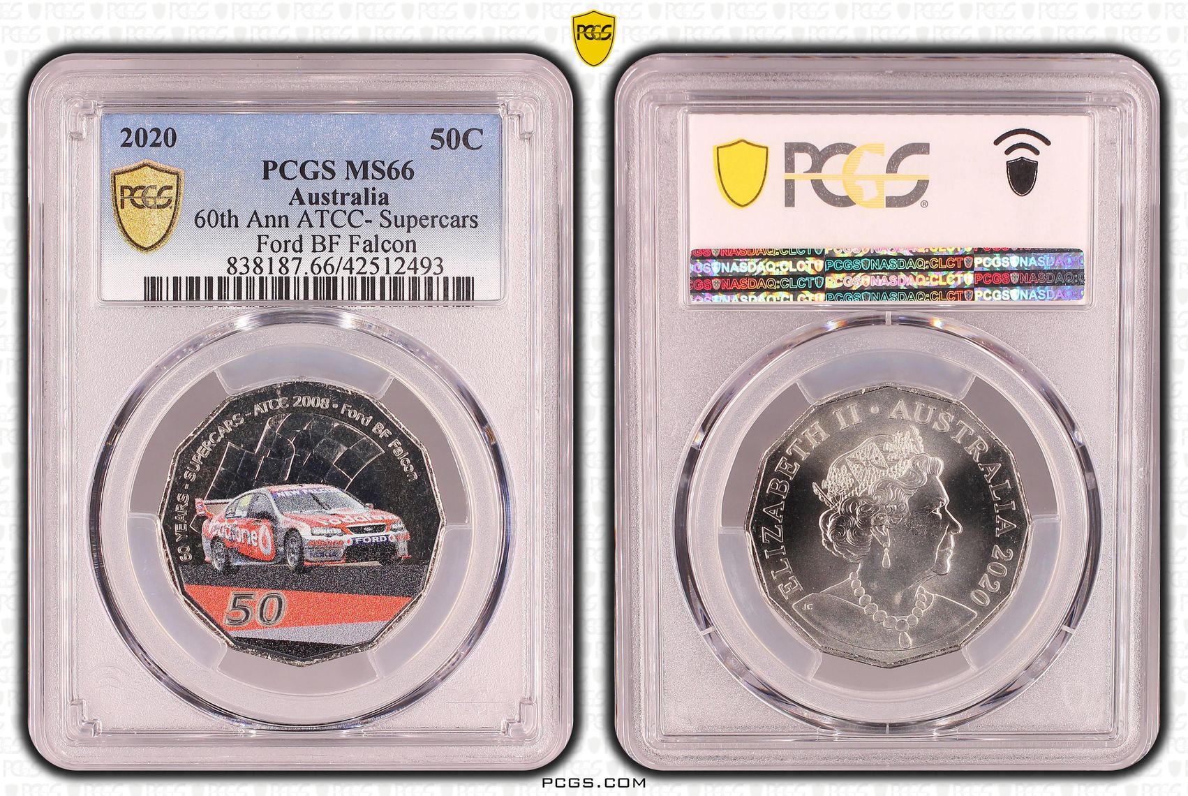382 · 60th Ann ATCC- Supercars Ford BF Falcon Colorized, Fifty Cent, 2020, PCGS MS66