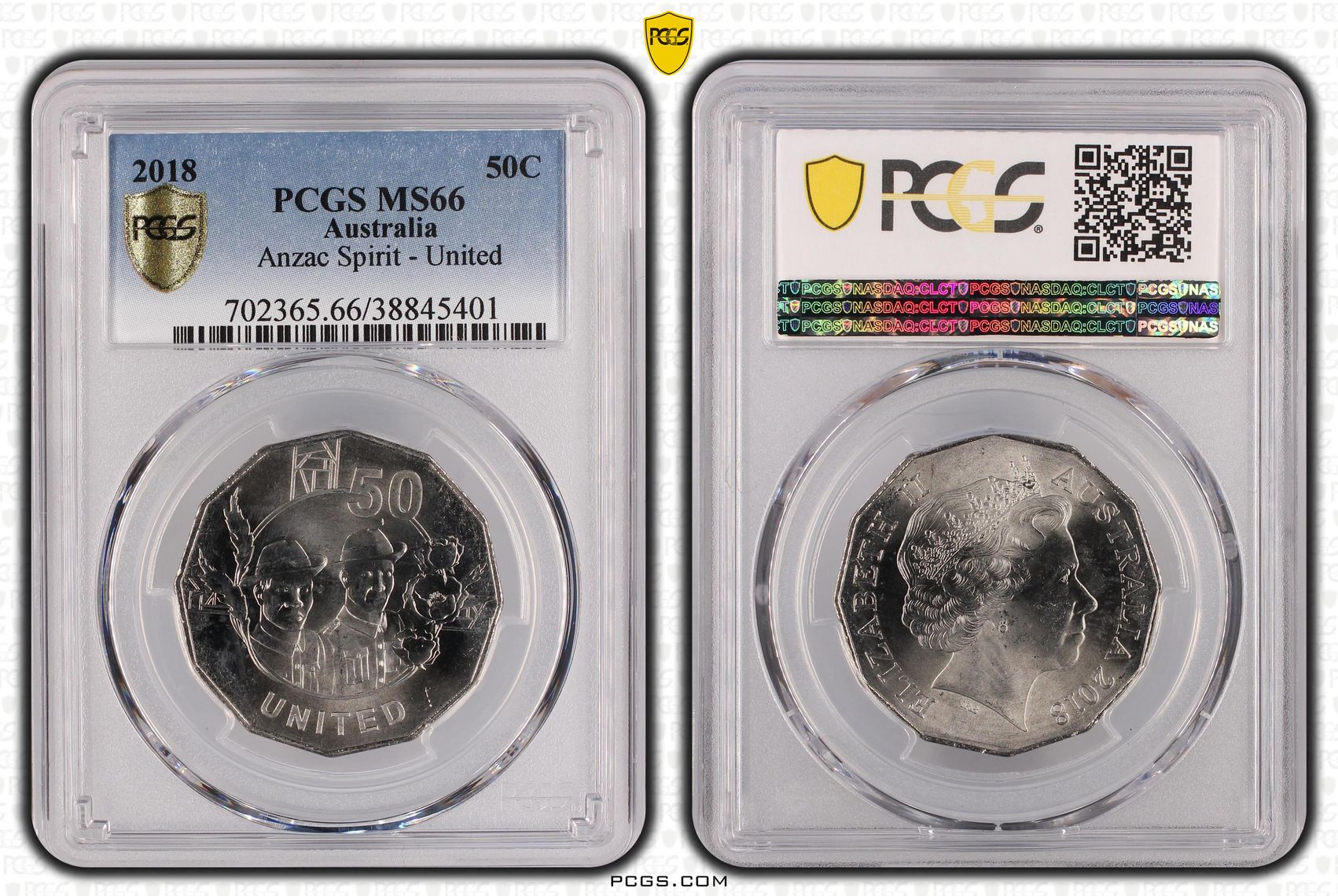2018 Australia Fifty Cent, 50c Anzac Spirit - United PCGS - MS66 POP 6/0 -401