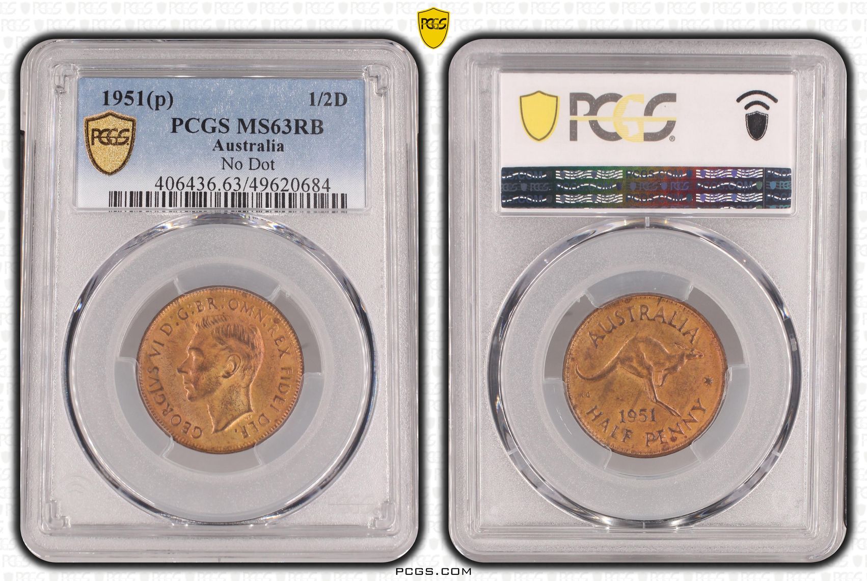 George VI, No Dot , Halfpenny, 1951(p), PCGS MS63RB
