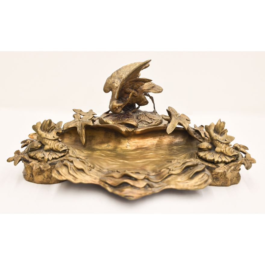 Antique French Gilt Bronze Bird & Fish Inkwell