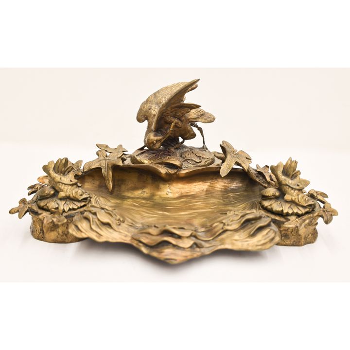 Antique French Gilt Bronze Bird & Fish Inkwell