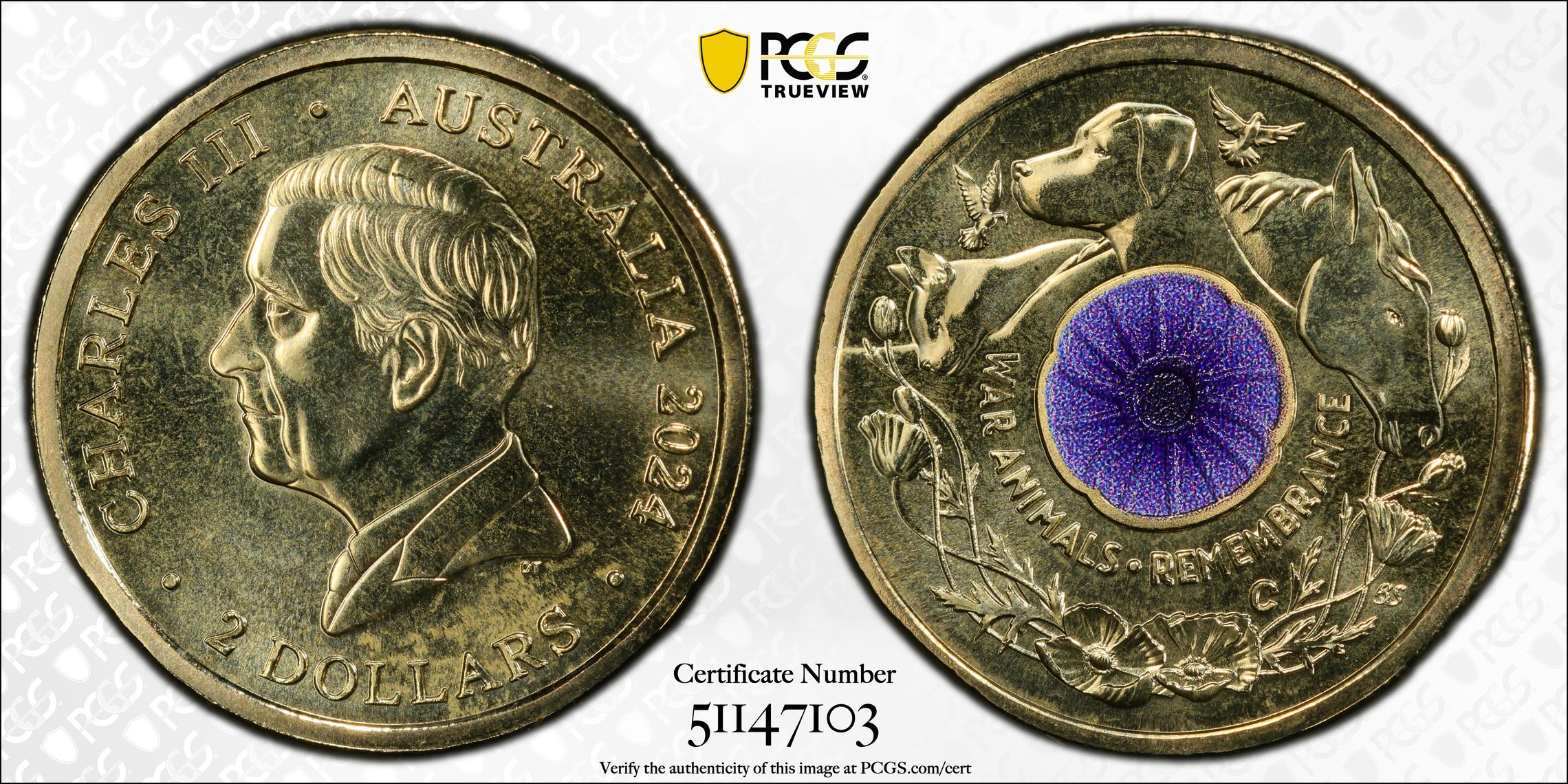 War Animal Remembrance Colorized, Two Dollar, 2024-C, PCGS MS68