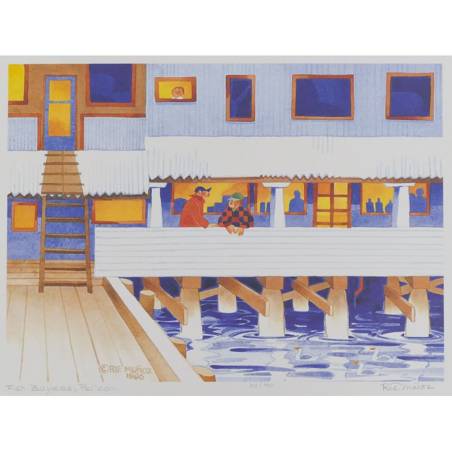 Rie Munoz ''Fish Buyers, Pelican'' 1996 Signed Print 13'' x 16.5'' Sheet.