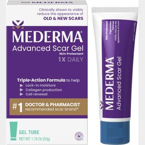 MEDERMA ADVANCED SCAR GEL, TREATS OLD AND NEW SCARS, REDUCES THE APPEARANCE OF SCARS FROM ACNE, STITCHES, BURNS AND MORE, 50 GRAMS