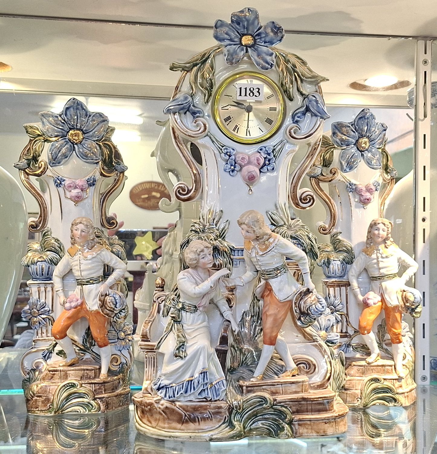 German Ceramic Clock Garniture