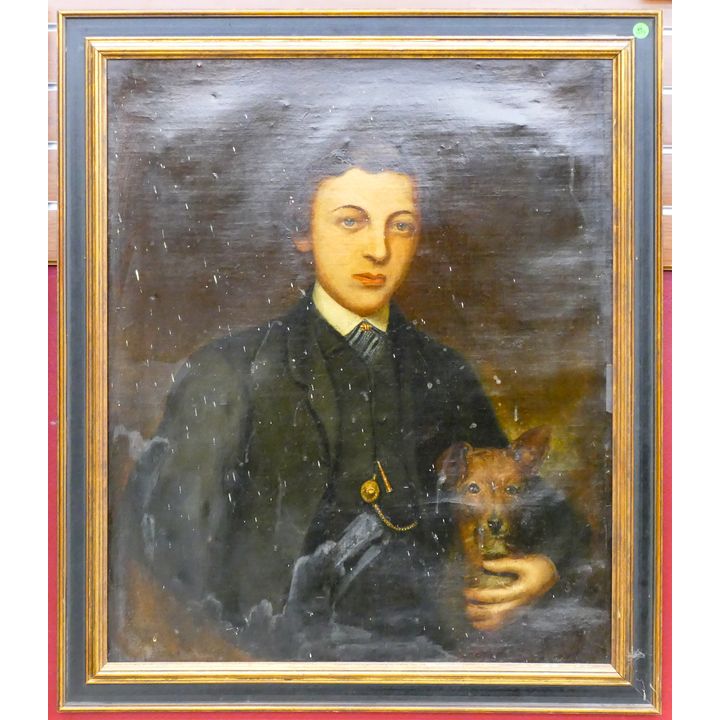 Antique Boy with Dog Portrait Oil on Canvas Framed 34''x29.5'' - Some damage