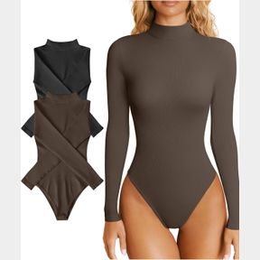 OQQ WOMEN'S 2 PIECE BODYSUITS SEXY RIBBED TURTLE NECK LONG SLEEVE TOPS BODYSUITS BLACK DARKBROWN