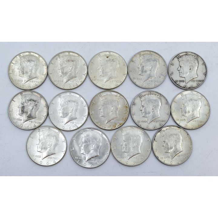 Box 14pc US 1964 Kennedy Silver Half Dollars