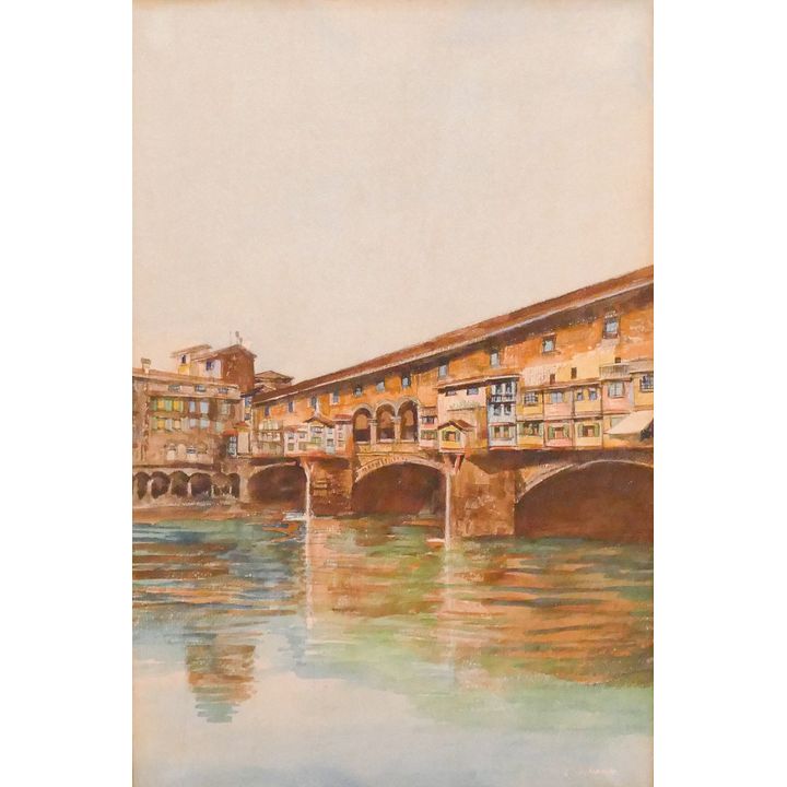 Antique Florence Ponte Vecchio Watercolor Framed- 17x13''