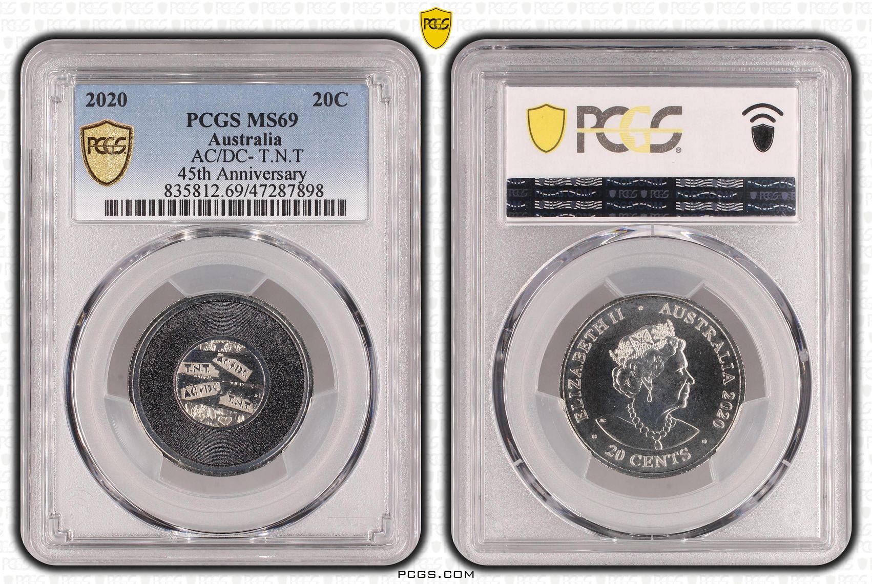 Elizabeth II, AC/DC- T.N.T 45th Anniversary, Twenty Cent, 2020, PCGS MS69