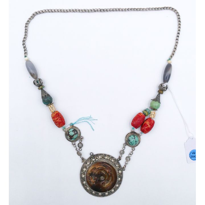 Old Tibetan Chilong Pendant Stone Bead Necklace 30''