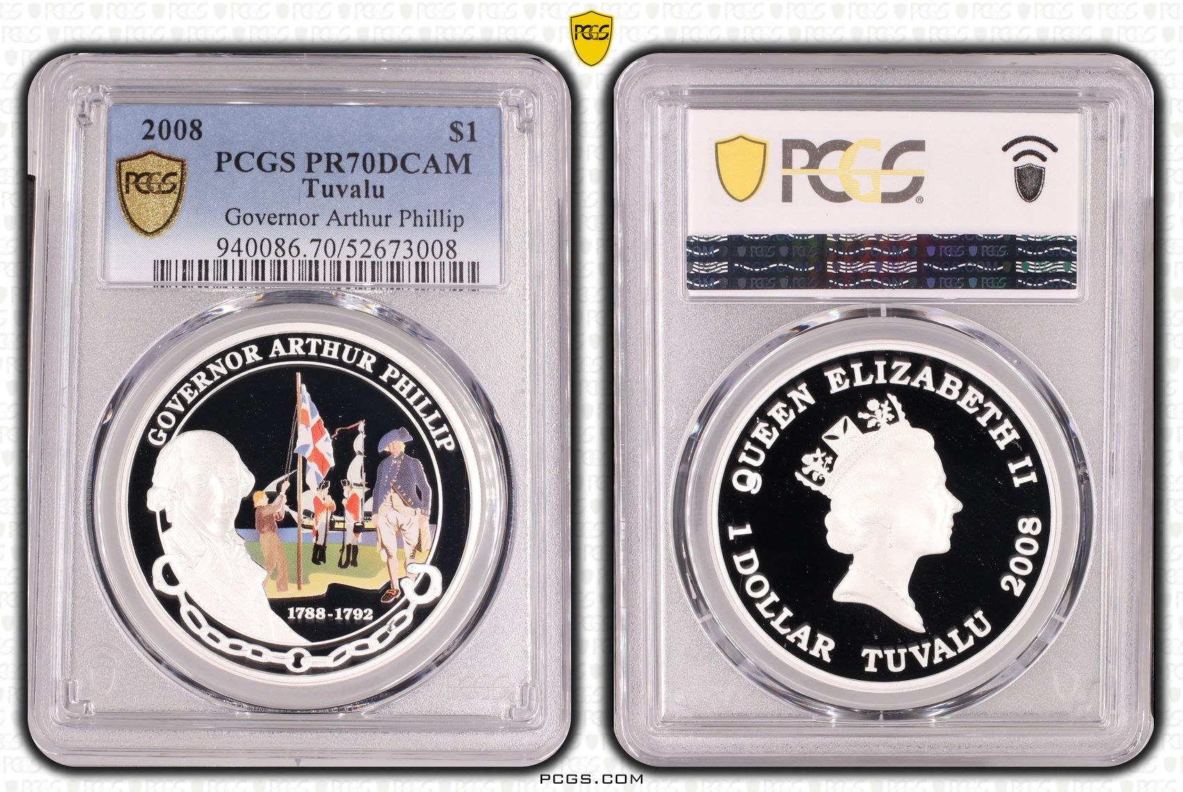 Tuvalu, Governor Arthur Phillip, POP 2/0, One Dollar, 2008, PCGS PR70DCAM