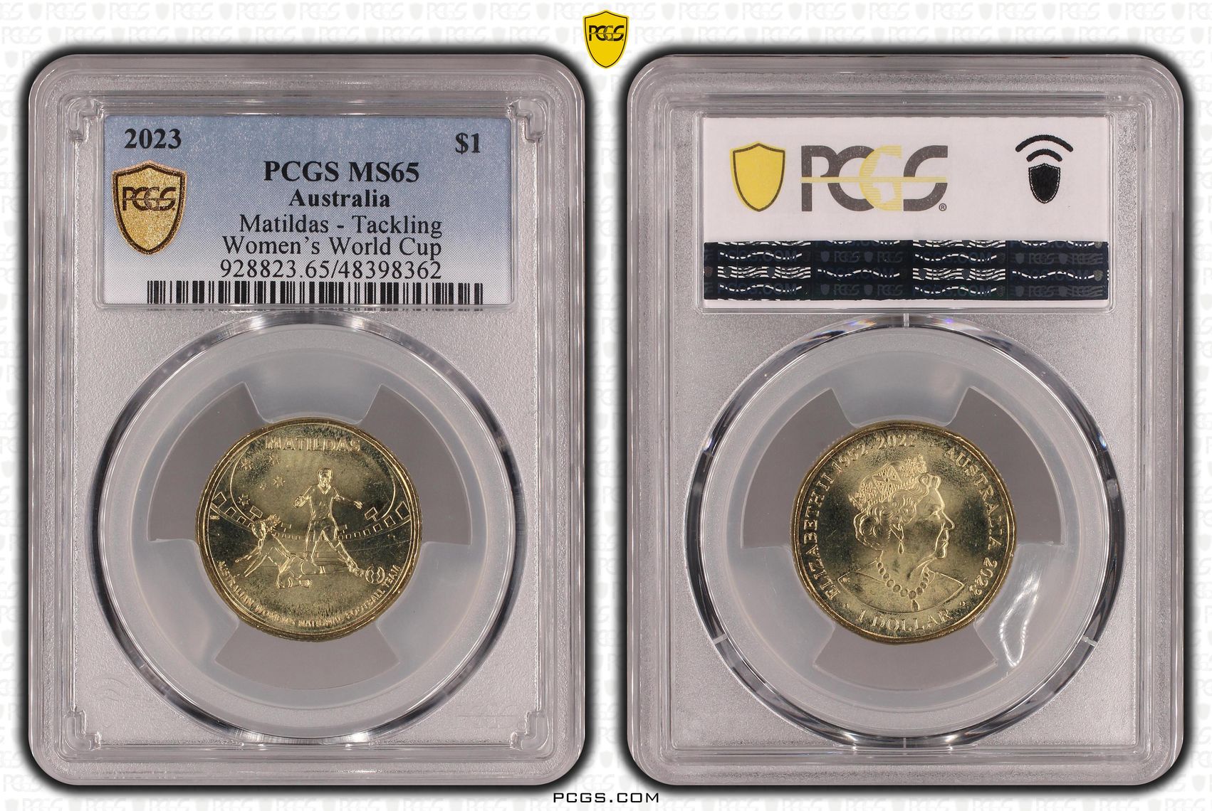 Elizabeth II, Matildas - Tackling, One Dollar, 2023, PCGS MS65