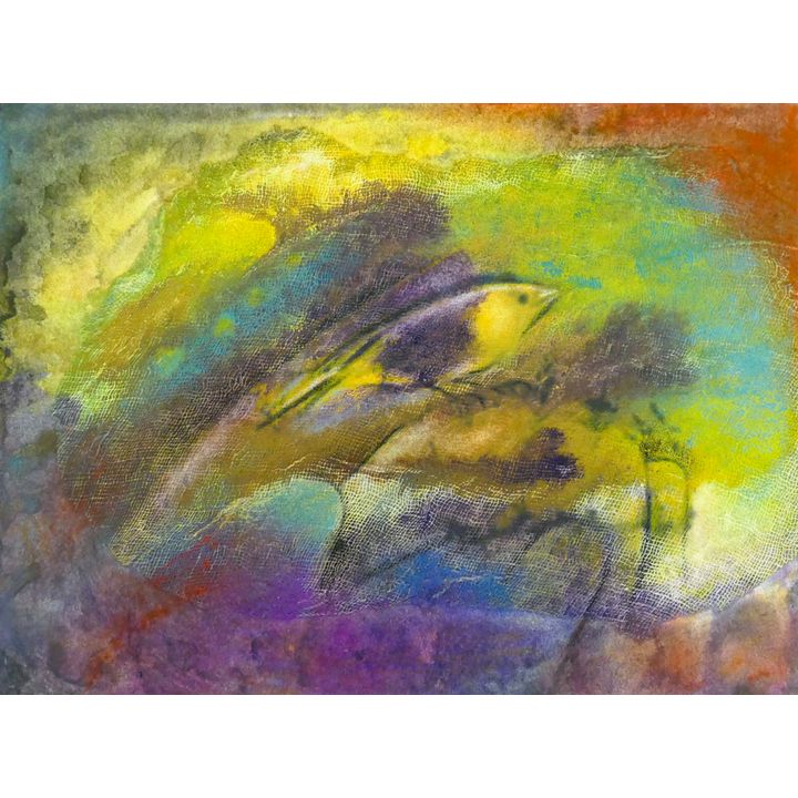 Neil Meitzler ''Yellow Bird'' Casein and Gauze on Paper 6.5''x9''
