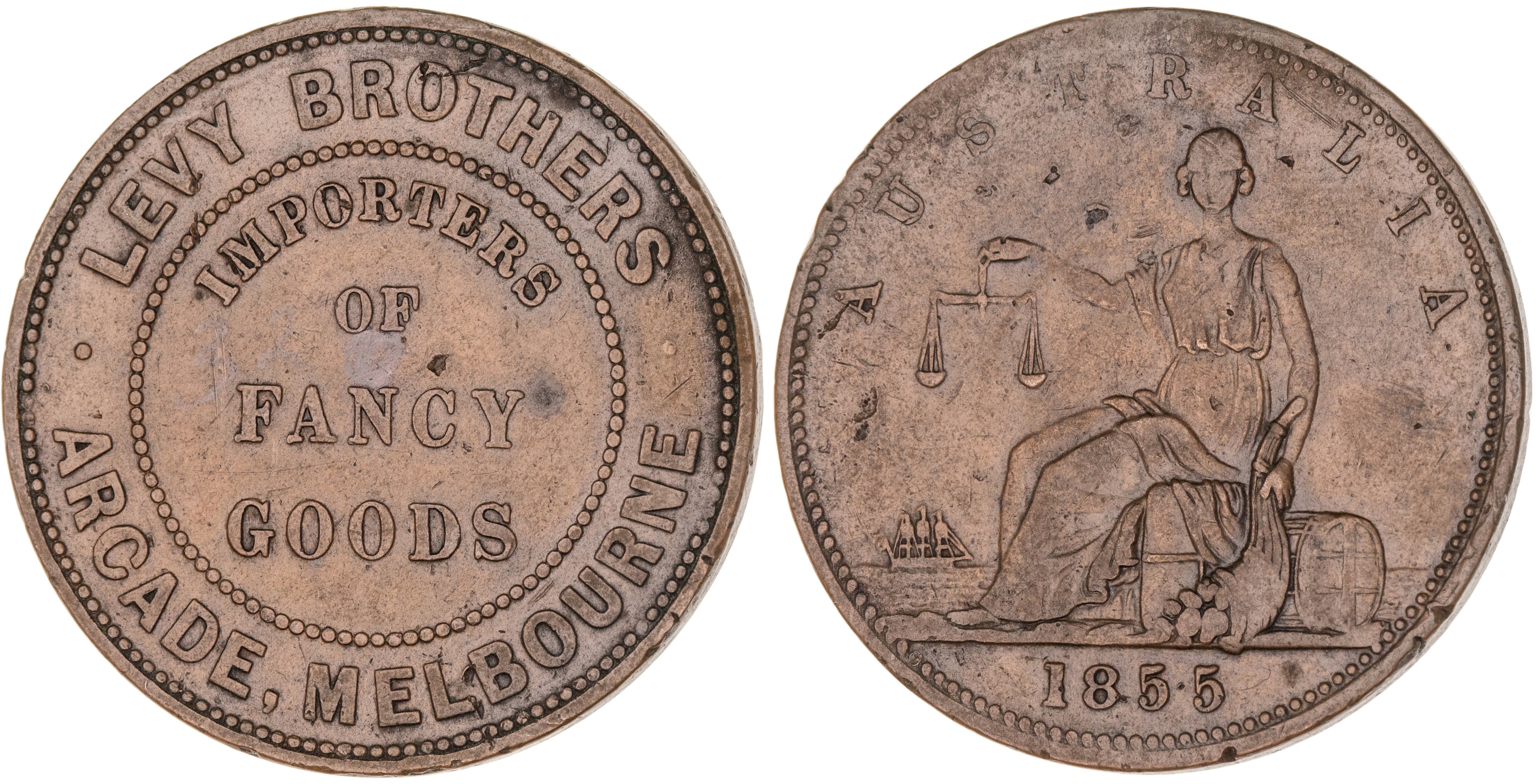 Melbourne, Victoria, Levy Brothers, Penny, 1855, gVF