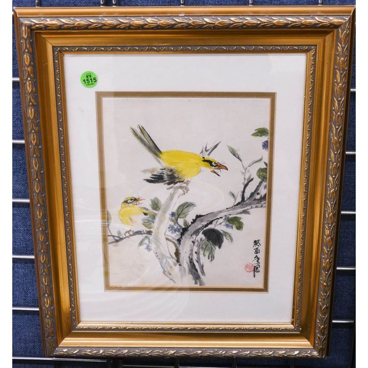 Asian Watercolor of Yellow Birds Framed- 17x15''