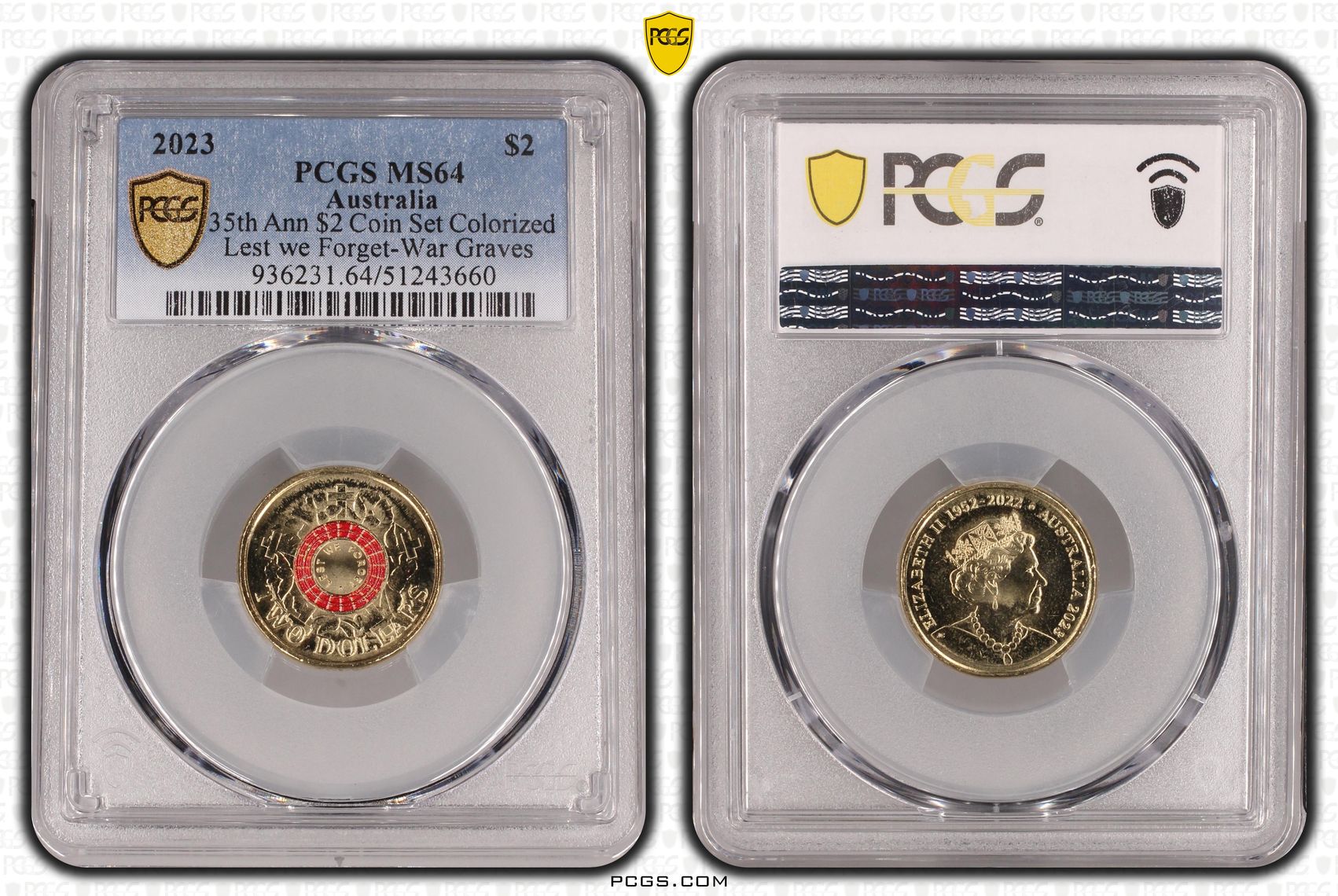35th Ann $2 Coin Set Colorized Lest we Forget-War Graves, Two Dollar, 2023, PCGS MS64