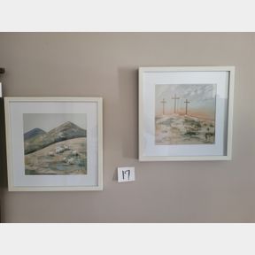 Pair of framed religious wall decorations and wall clock