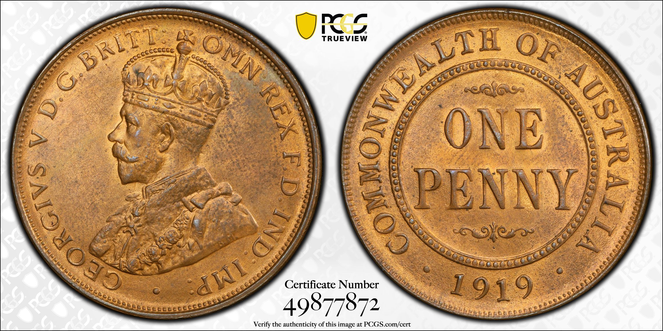 George V, Dot below , Penny, 1919, PCGS MS63RB