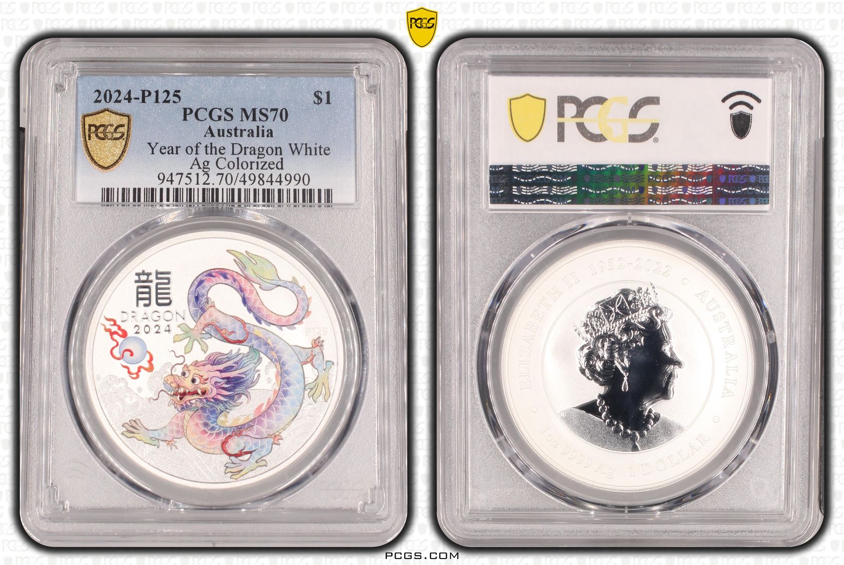 Year of the Dragon Ag Pink Colourised, One Dollar, 2024-P125, PCGS MS70