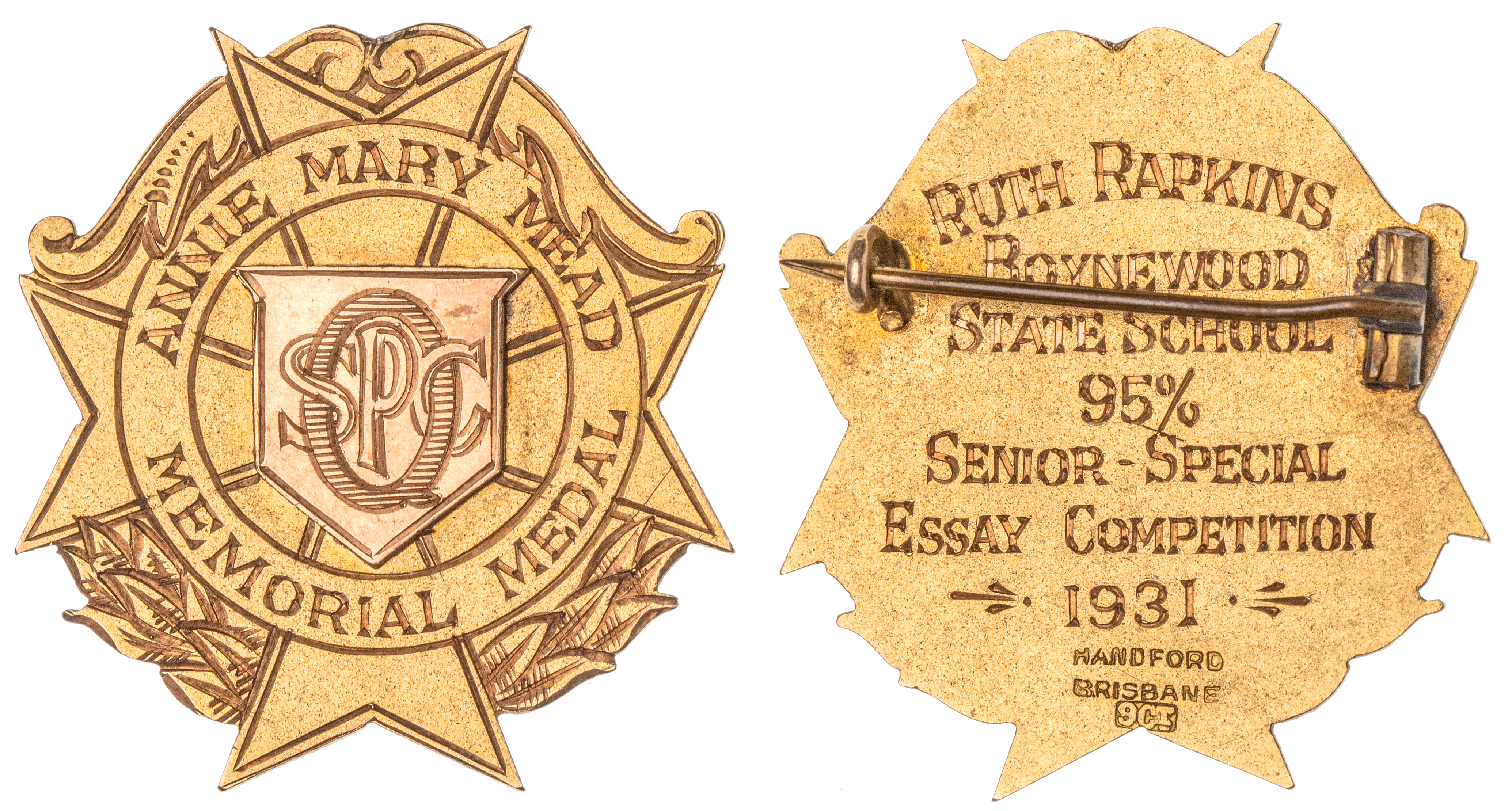 278 · Boynewood State School, Mundubbera, Qld, Gold Award Badge, 1931, EF