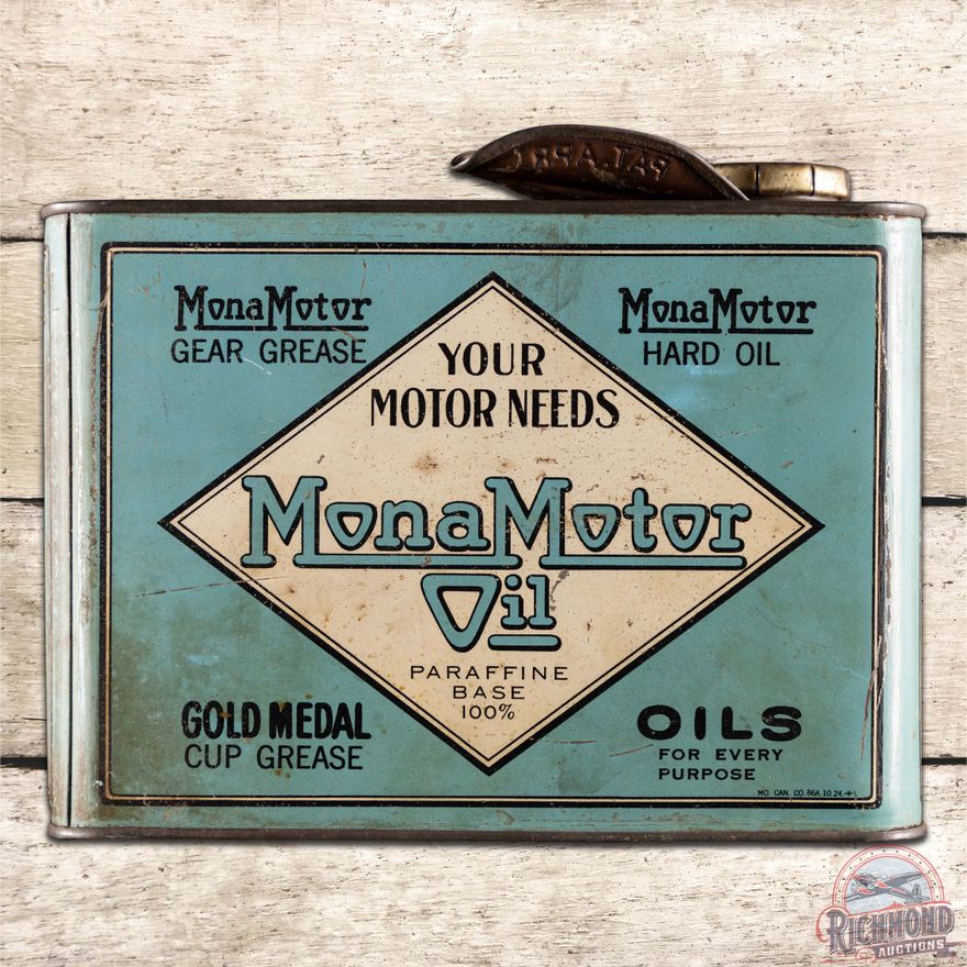 Mona Motor Oil Half Gallon Metal Can w/ Early Automobile