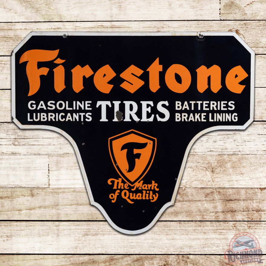 Firestone Gasoline Tires Batteries Die Cut Double Sided Porcelain Sign w/ Logo