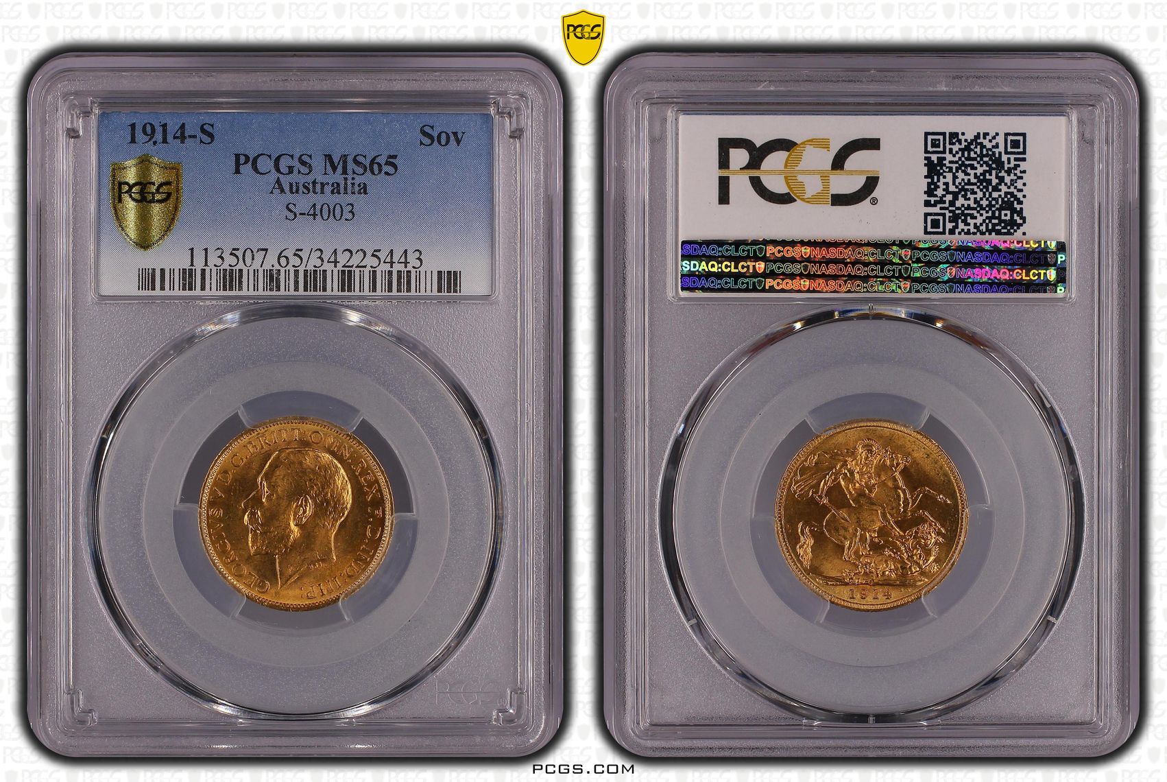 80 · George V, St George Reverse, Sovereign, 1914-S, PCGS MS65