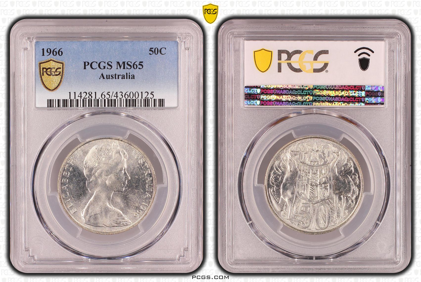 1966 Australia Fifty Cent, 50c Silver PCGS - MS65 -125