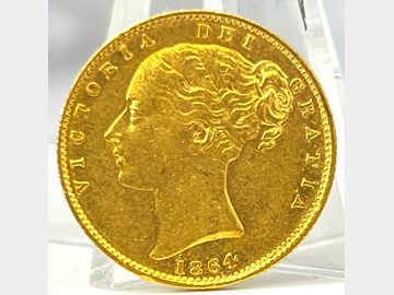 1864 VICTORIA YOUNG HEAD #DIE 90 SHIELD GOLD SOVEREIGN