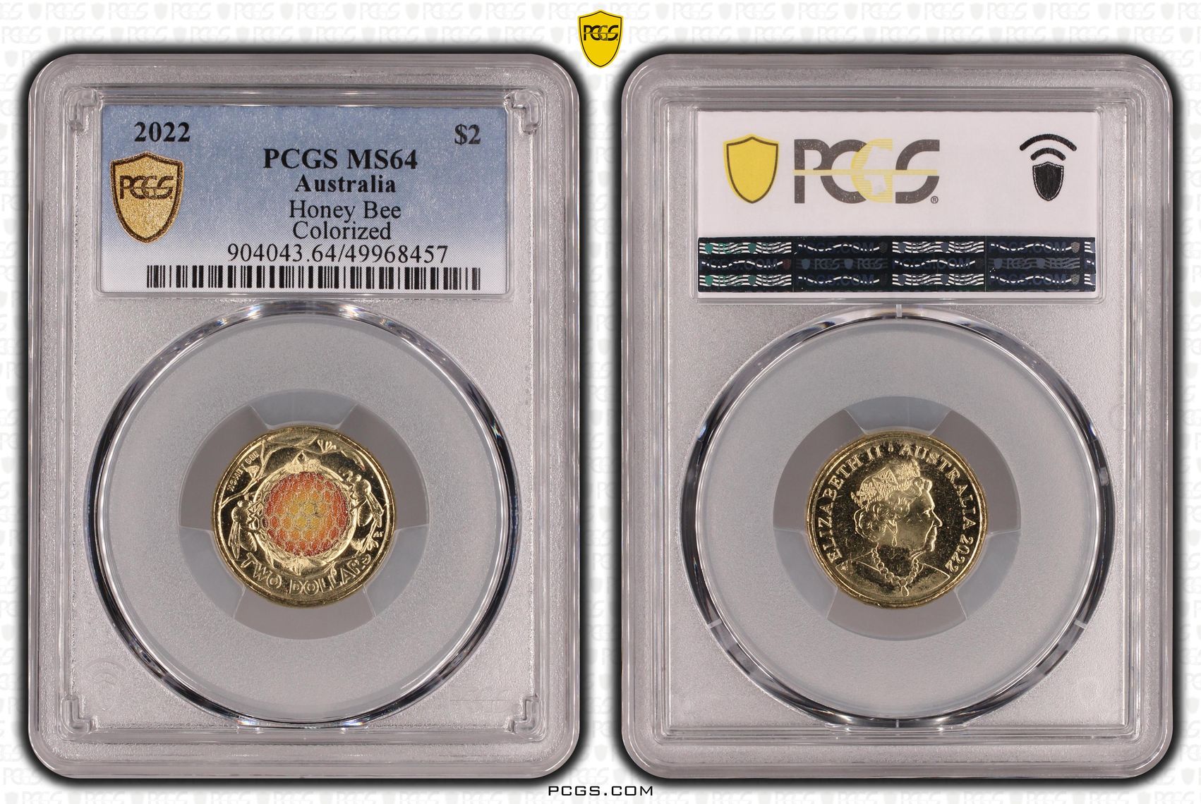Honey Bee Colourised, Two Dollar, 2022, PCGS MS64