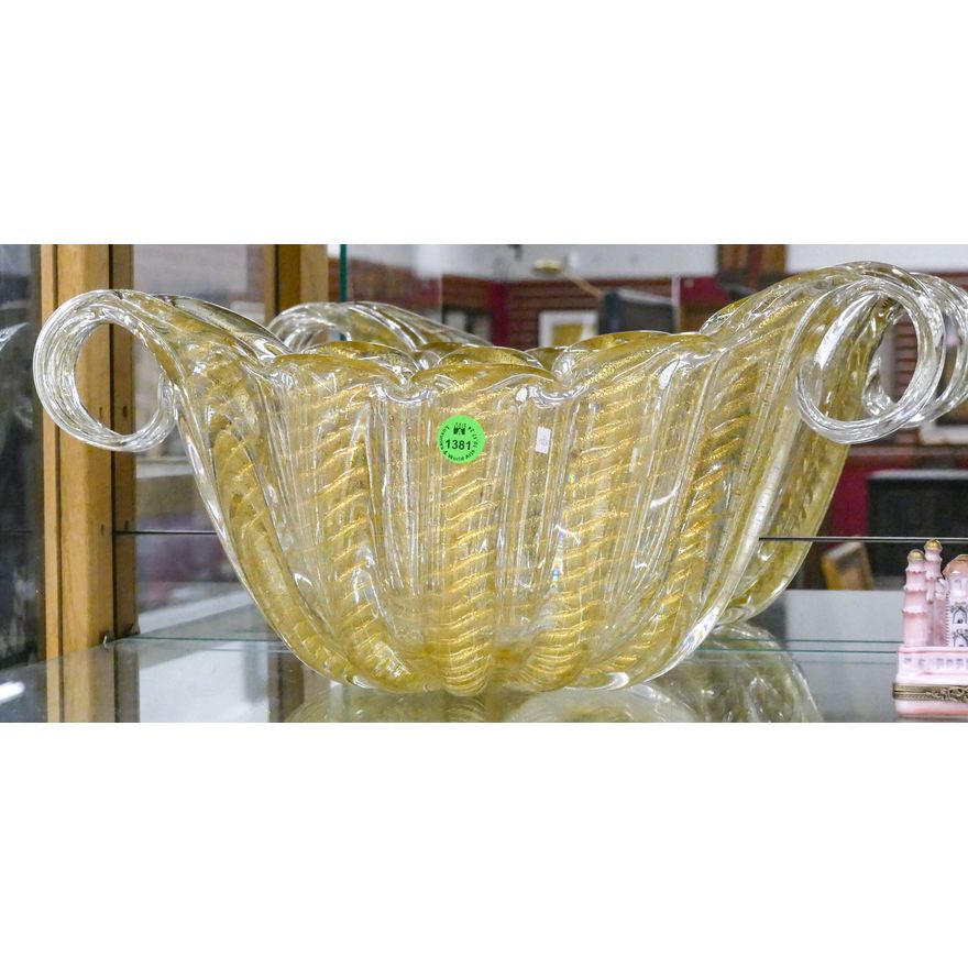Barovier & Toso Murano Glass Handled Bowl 7''x15''